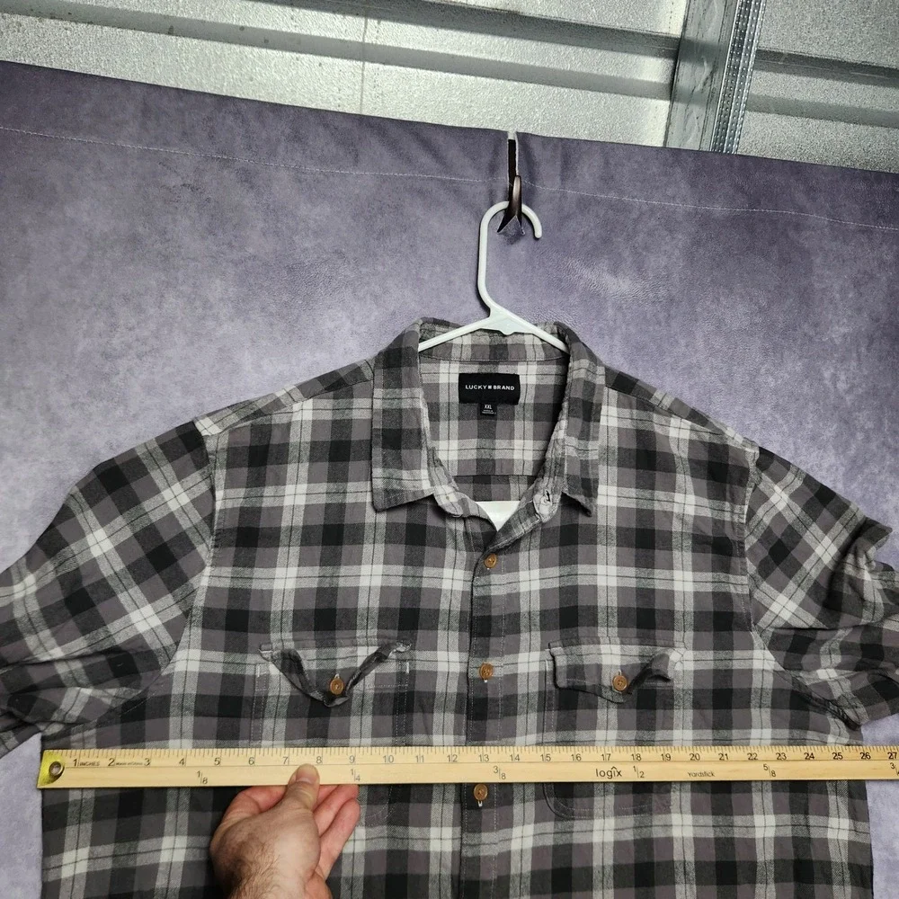 Lucky Brand Mens XXL Gray Plaid Flannel Button Down Shirt Cotton Long Sleeve